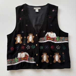 Dressbarn Black Vest with Festive Embroidery holiday Christmas y2k 90s vtg